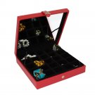 Earring Organizer - Classic 25 Section Jewelry Box Compartments with Elegant Large Mirror - Red