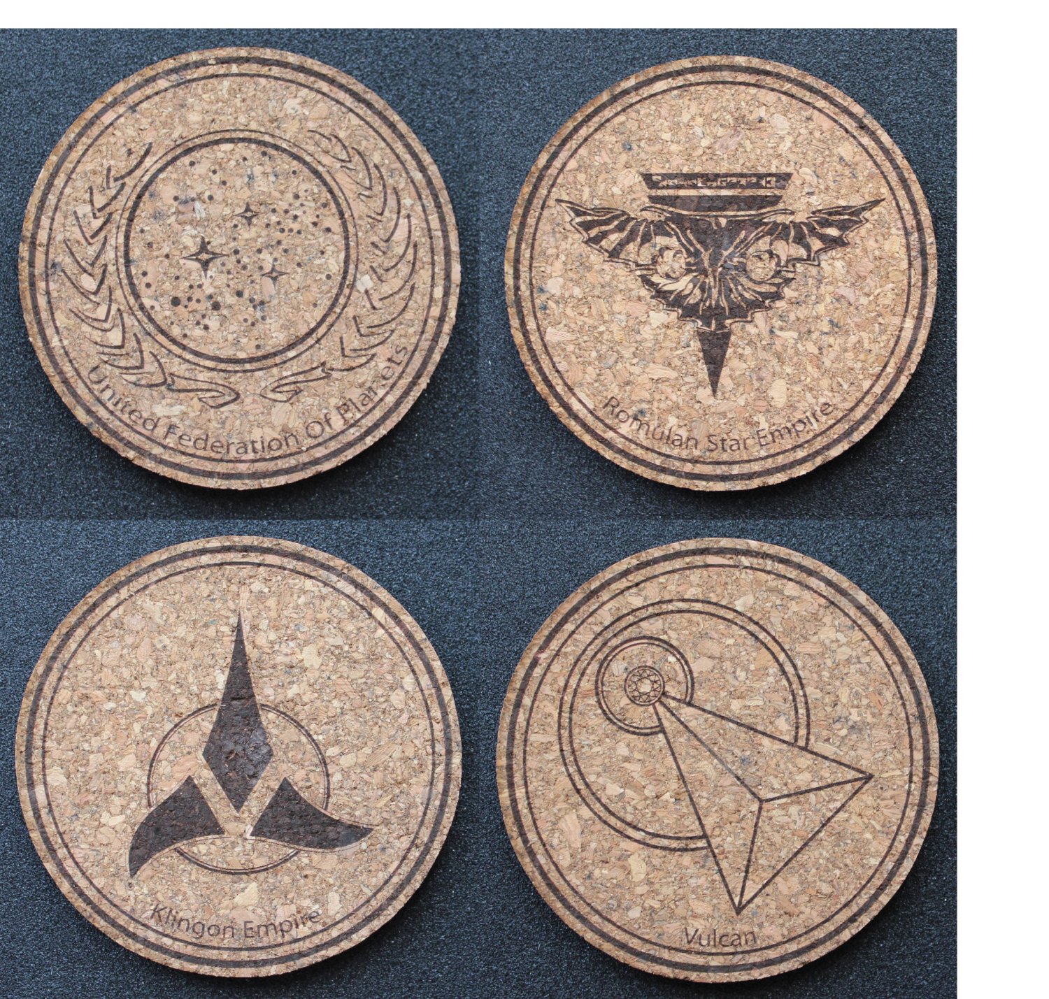 Star Trek inspired laser engraved cork coasters set of 4