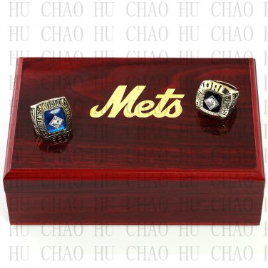 One Set 2 PCS 1969 1986 New York Mets MLB Championship Ring 10-13 Size Logo wooden box