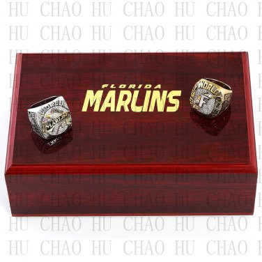 One Set 2 PCS 1997 2003 FLORIDA MARLINS MLB Championship Ring 10-13 Size with Logo wooden box