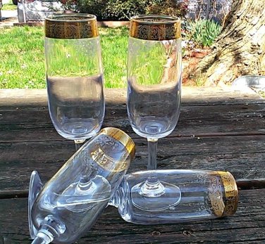 Cellini Crystal Stemware Gold Etched Flutes Set of 4 - MADE IN ITALY