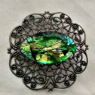 Vintage Brooch Brass Filigree Green Iredescent Oval Stone