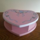 Vintage Jewelry Box Wooden Heart Shaped Lined -Pink with Blue Ribbons and Roses