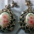 Vintage Earrings Silver And Porcelain Pink Roses Drop Dangle Post Back