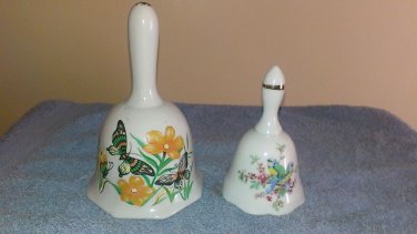 Two Porcelain Hand Bells One with Butterflies the other with Birds Excellent