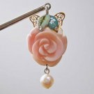 Japanese Hair Pin KANZASHI Rose Pink Conch Shell AKOYA Pearl Kimono Geisha Japan