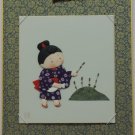 Japanese Art Silk Fabric Kimono Girl & Horsetail With Frame Handmade Japan