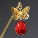 Japanese Hair Pin KANZASHI Drop Red Coral and Butterfly Kimono Geisha Japan