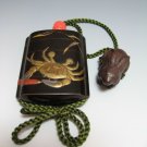 Rare! Japanese Inro and Netsuke Makie Gold Lacquer Coral 1780-1867 Edo Japan