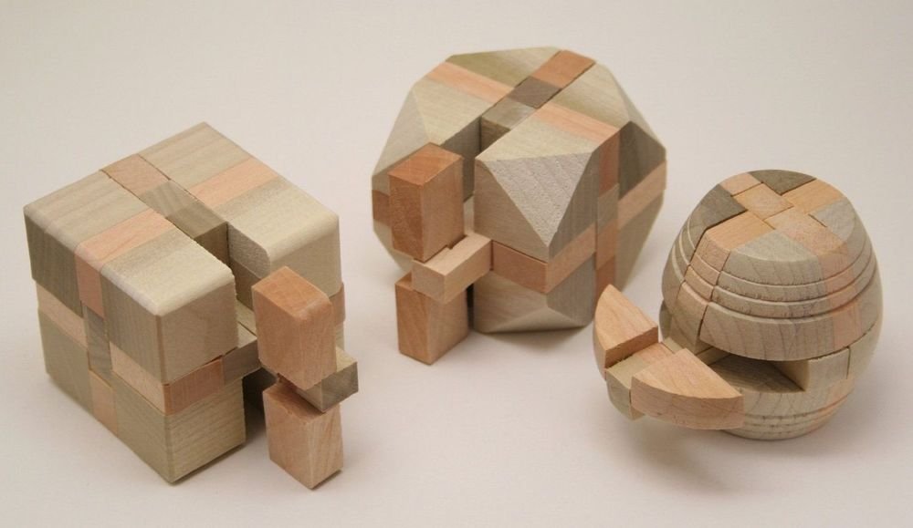 Japanese Natural Wood Puzzle Set of 3 Yosegi Brain Game Edo Hakone Made