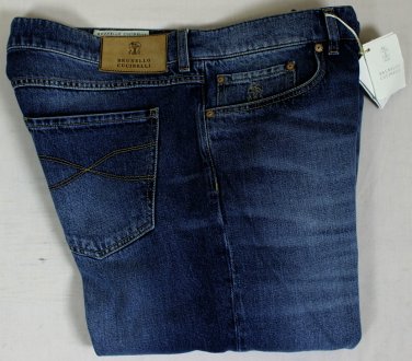 BRUNELLO CUCINELLI JEANS $610 MEDIUM WASH WHISKERED LOGO DENIM 38/36 54e NEW