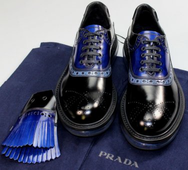 PRADA SHOES $850 BLACK/BLUE TOE ORNAMENT LOGO LEVITATE SOLE OXFORD 6.5 39 NEW