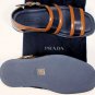 PRADA SHOES $675 BLUE/BROWN CONTRAST RUNWAY LOGO BUCKLED SANDAL 12 45e NEW