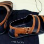 PRADA SHOES $675 BLUE/BROWN CONTRAST RUNWAY LOGO BUCKLED SANDAL 12 45e NEW
