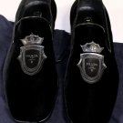PRADA SHOES $855 BLACK VELVET LOGO CREST ORNAMENTED SMOKING LOAFERS 9.5 42.5 NEW