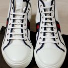 GUCCI SHOES $495 WHITE/NAVY WEB STRIPE LEATHER/CANVAS RESORT TRAINERS 11 44e NEW