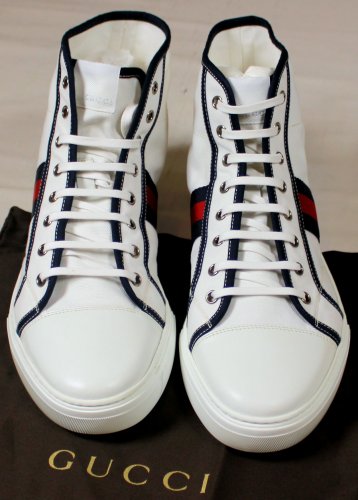 GUCCI SHOES $495 WHITE/NAVY WEB STRIPE LEATHER/CANVAS RESORT TRAINERS 11 44e NEW