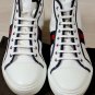 GUCCI SHOES $495 WHITE/NAVY WEB STRIPE LEATHER/CANVAS RESORT TRAINERS 11 44e NEW