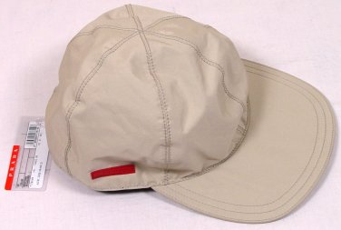 PRADA HAT $295 KHAKI PRADA LOGO SIDE STRIP ORNAMENTED TECHNO BALL CAP MED NEW