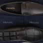 PRADA SHOES $595 STEEL GRAY SAFFIANO LEATHER LOGO ORNAMANTED DRIVER 12 45e NEW