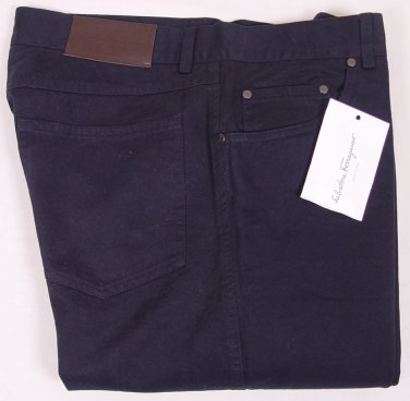 FERRAGAMO JEANS $385 NAVY BLUE LOGO EMBOSSED RIVET 5PKT FIT LEG DENIM 33 48e NEW