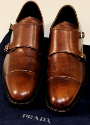 PRADA SHOES $850 DK BROWN VARNISH DUAL BUCKLE APRON CAPTOE MONKSTRAP 10 43 NEW
