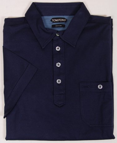 TOM FORD POLO $595 NAVY/BLUE ACCENTED 4-BTN COTTON COUTURE POLO SM 48e NEW