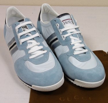 GUCCI SHOES $495 SKY BLUE SIDE WEB STRIPE LOGO EMBOSSED TRAINER 11.5 44.5e NEW