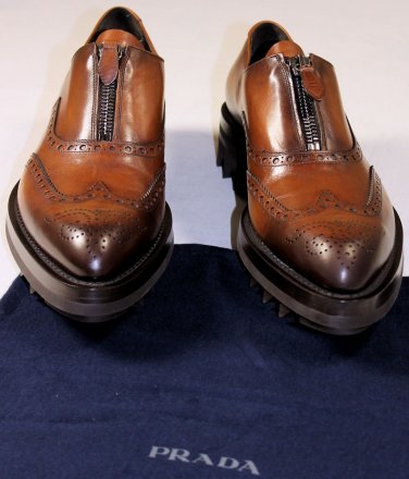 PRADA SHOES $1190 BROWN WINGTIP ZIP VAMP RUNWAY SAWTOOTH SOLE OXFORD 10 43 NEW