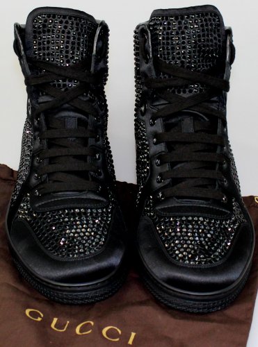 GUCCI SHOES $1200 BLACK/BLACK CRYSTAL STUD ENCRUSTED HI-TOP TRAINER 11 44 NEW