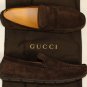 GUCCI SHOES $485 BROWN SUEDE LOGO SCRIPT VAMP DRIVERS 12 45e NEW