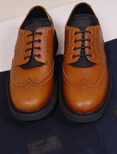 PRADA SHOES $630 COGNAC BROWN WINGTIP TOE ORNAMENTED CHUNKY SOLE DERBY 8 41e NEW