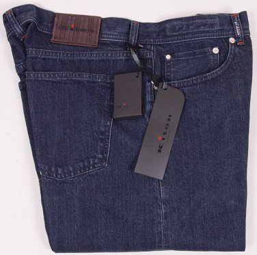 KITON JEANS $995 DARK WASH SCRATCH FADE LOGO EMBROIDER RELAX FIT DENIM 40 56 NEW