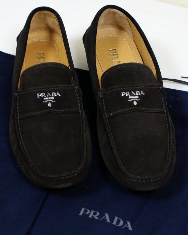 PRADA SHOES $595 DARK BROWN LOGO ORNAMENTED VAMP SUEDE DRIVER 10 43e NEW