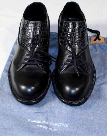 COMME des GARCONS SHOES $770 BLACK FRONT TIED CROC EMBOSSED DERBY 9 42e 26 NEW