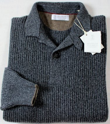 BRUNELLO CUCINELLI SWEATER DARK GRAY RIBBED 100%CASHMERE 2BTN JUMPER XXL 56 NEW