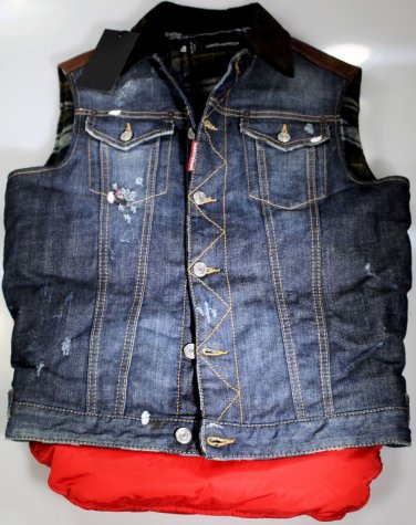 DSQUARED2 VEST $1195 DISTRESSED DENIM/LEATHER GOOSE DOWN PUFFER VEST SM 48e NEW