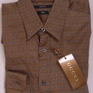 GUCCI SHIRT $595 BROWN/GRAY LOGO HORSEBIT FITCUT DRESS SHIRT 15.5 33/34 39e NEW