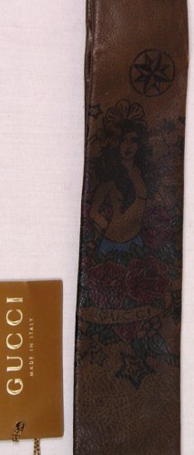 GUCCI TIE $395 DARK BROWN LOGO LADY TATTOO PAINTED LEATHER NECK TIE NEW