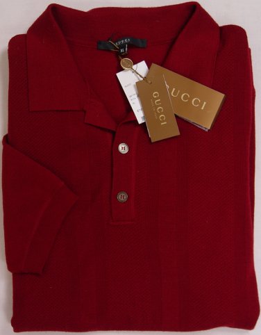 GUCCI POLO $735 RED WOVEN FRONT WOOL COUTURE 3-BTN LOGO POLO SHIRT XL 54e NEW