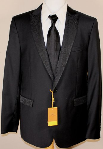 ETRO COAT $1795 BLACK 1-BTN PAISLEY ACCENTED PEAKED LAPEL BLAZER 42R 54e NEW