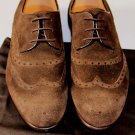 GUCCI SHOES $595 DARK BROWN SUEDE LOGO EMBOSSED HEEL WINGTIP DERBY 7 40e NEW