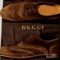 GUCCI SHOES $595 DARK BROWN SUEDE LOGO EMBOSSED HEEL WINGTIP DERBY 7 40e NEW