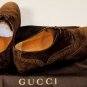 GUCCI SHOES $595 DARK BROWN SUEDE LOGO EMBOSSED HEEL WINGTIP DERBY 7 40e NEW