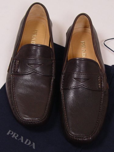 PRADA SHOES $595 DARK BROWN LOGO ORNAMENTED PENNY VAMP AVIATOR DRIVER 11 44e NEW