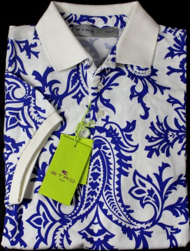 ETRO POLO $480 WHITE 3BTN BLUE PAISLEY DESIGN FIT CUT POLO SHIRT L 52e NEW