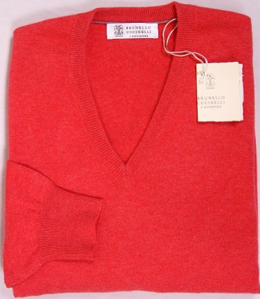BRUNELLO CUCINELLI SWEATER WATERMELON RED 100%CASHMERE V-NECK JUMPER MED 50e NEW