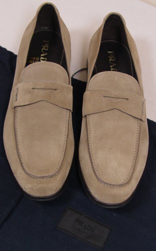 PRADA SHOES $565 LIGHT BROWN SUEDE LOGO ORNAMENTED PENNY LOAFER 12D 45e NEW