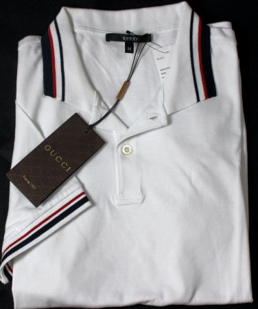 GUCCI POLO $485 WHITE 2BTN STRIPE ACCENTED LOGO EMBROIDERED POLO SHIRT M 50e NEW