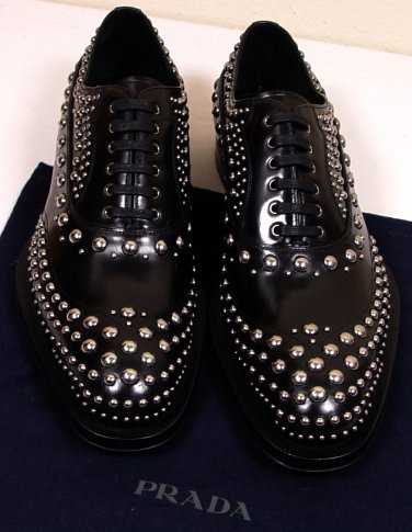 PRADA SHOES $1840 BLACK BRIGHT CALF SILVER STUD ORNAMENTED OXFORD 10 43e NEW